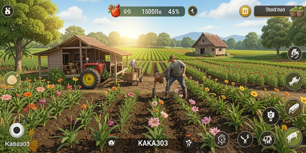 Gambar gameplay KAKA303 menampilkan kebun yang subur dan hewan ternak yang lucu.