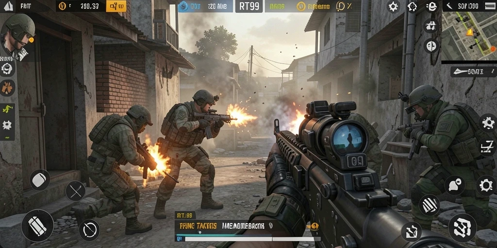 Screenshot gameplay RT99 menampilkan momen menegangkan dalam pertempuran FPS.