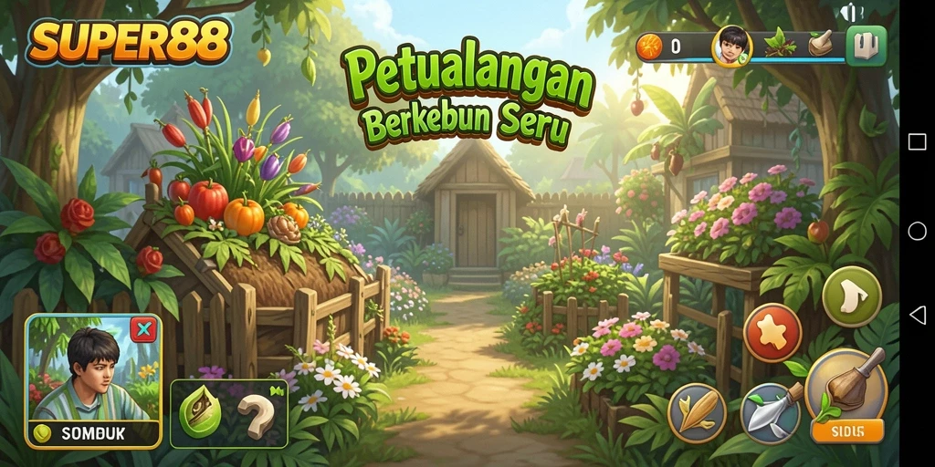 Gameplay SUPER88 menampilkan aktivitas berkebun yang seru dan interaktif.